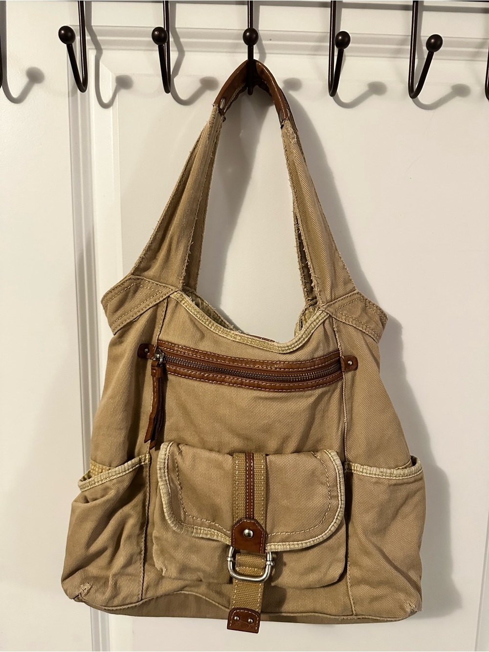 Fossil Khaki Canvas Shoulder Bag with Brown Trim